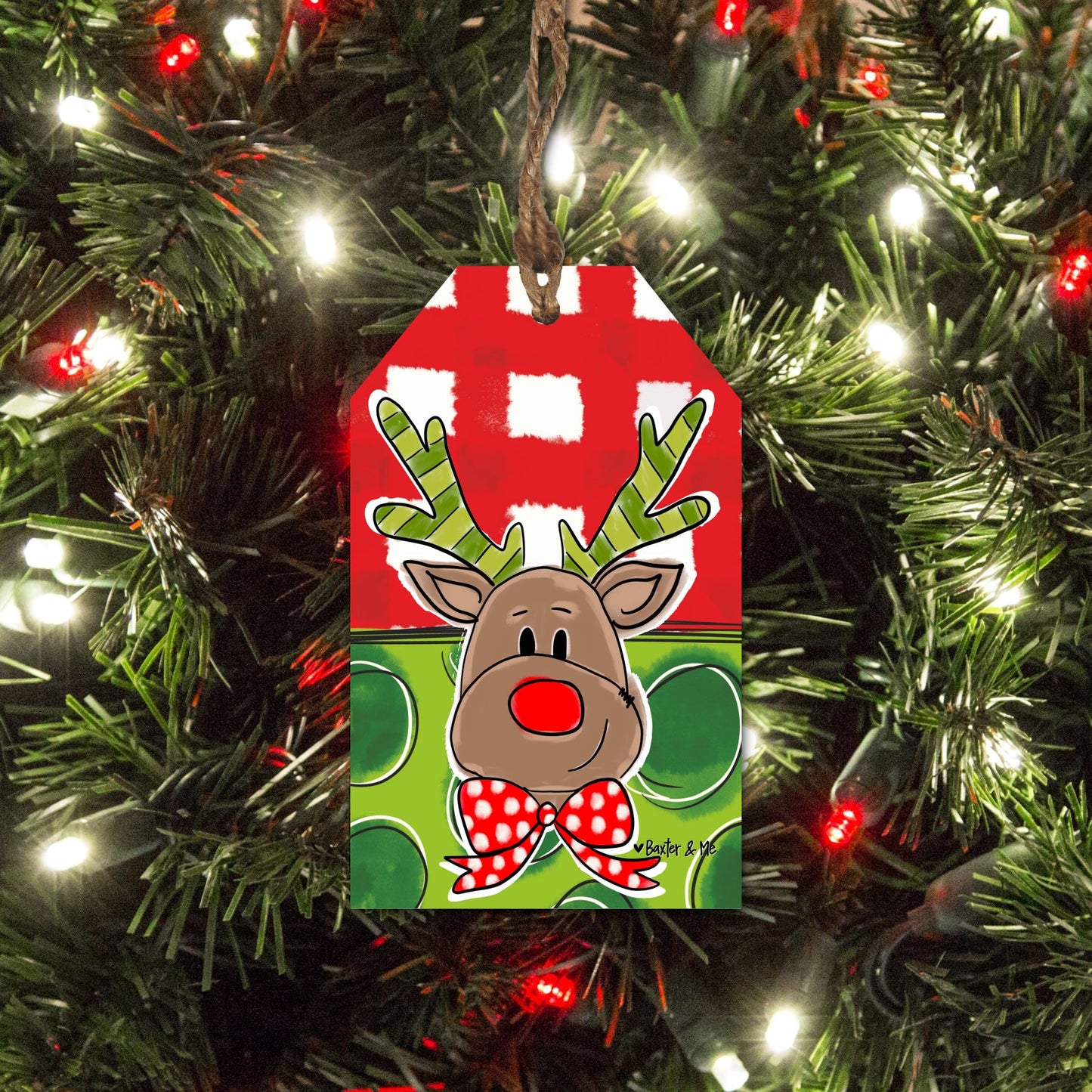 Red & Green Reindeer Gift Tag Ornament