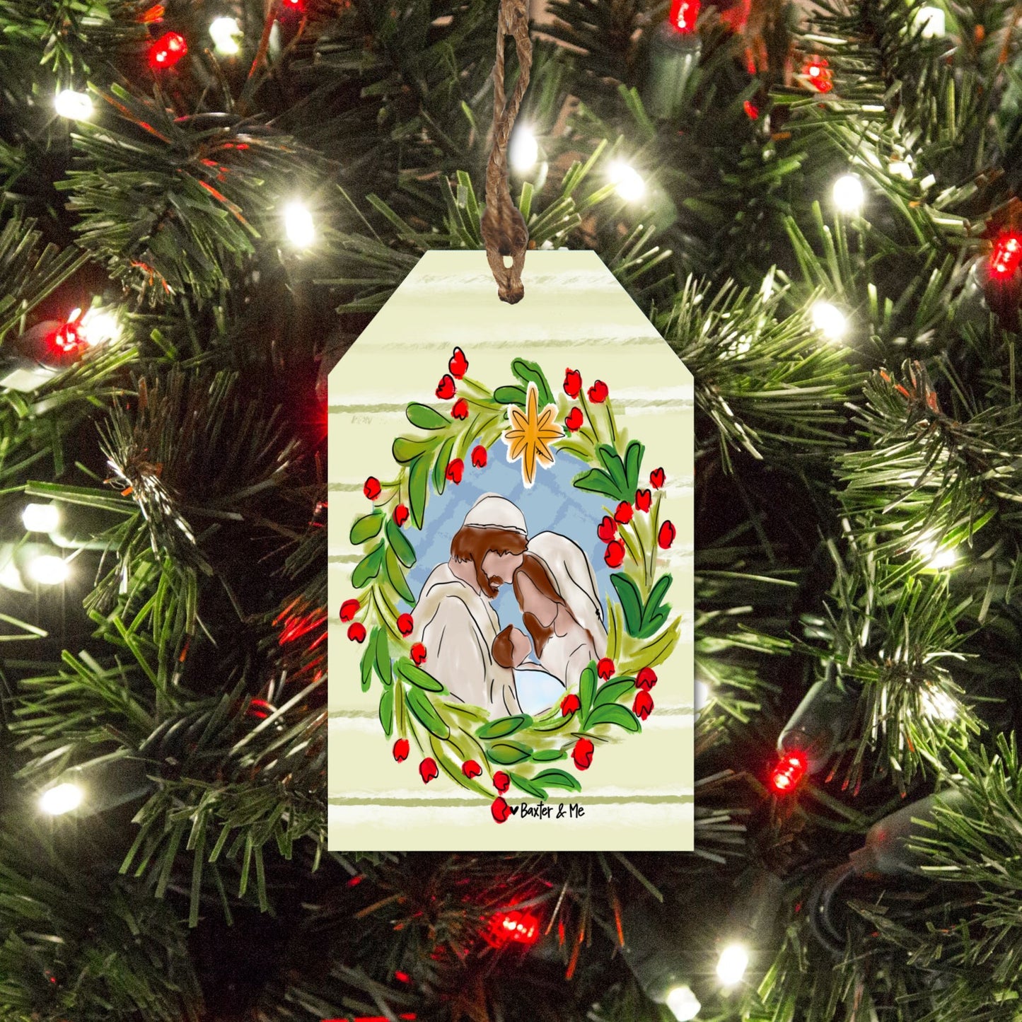Joseph Mary Jesus Christmas Wreath Gift Tag Ornament