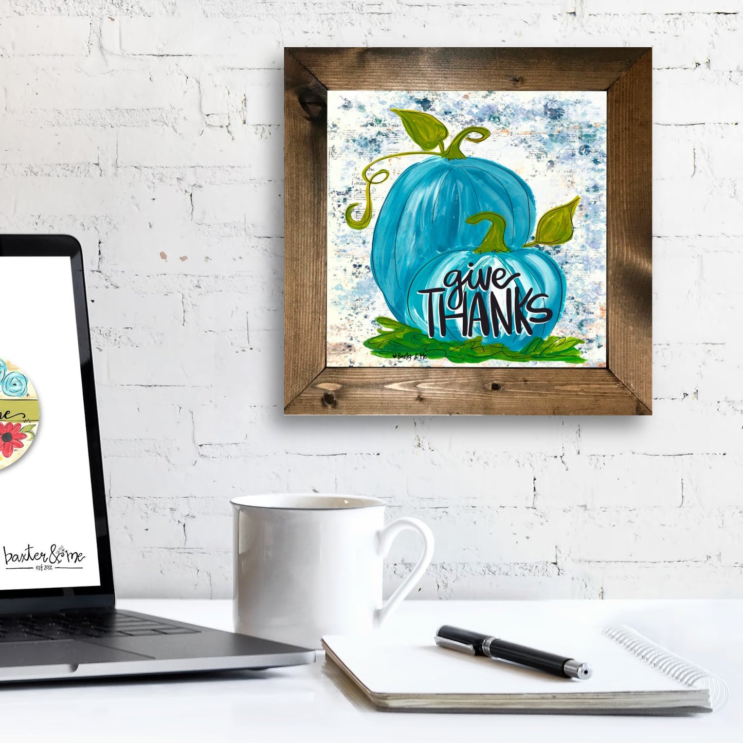 Give Thanks Blue Pumpkins Framed Art