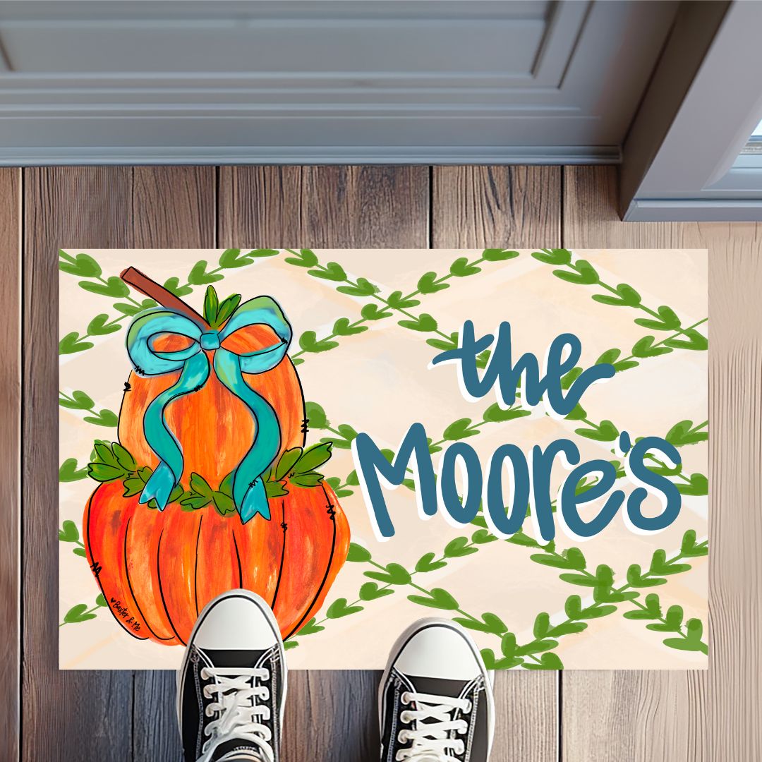 Greenery Stacked Pumpkin with Bow Rug Floormat