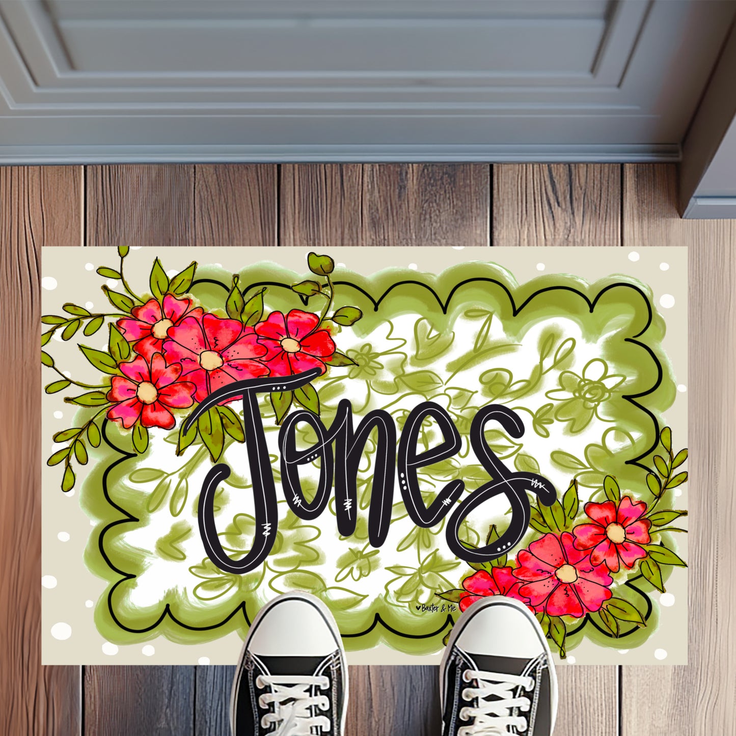Green Scalloped Framed Floral Rug Floormat
