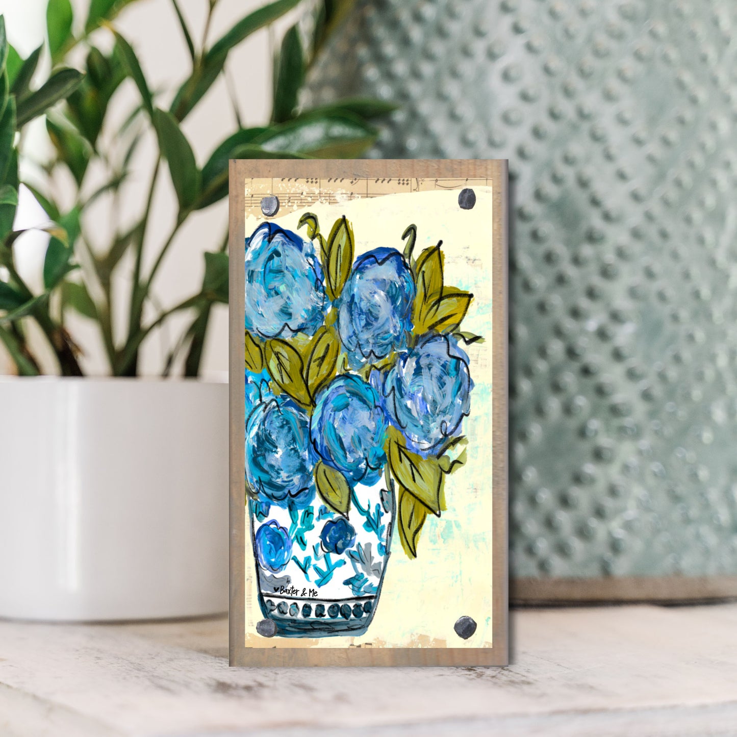 Chinoiserie Vase with Blue Hydrangeas Happy Block