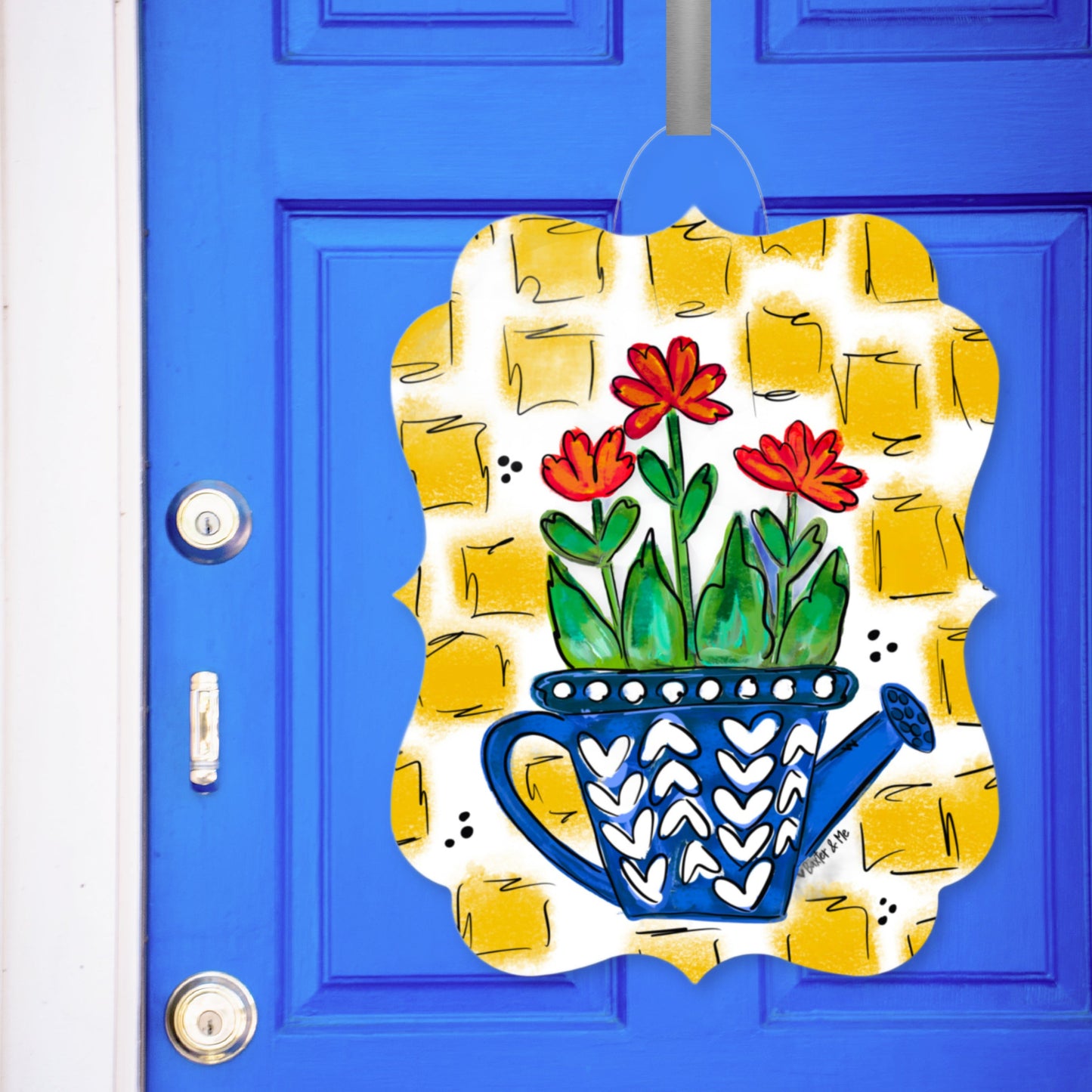 Watering Can with Red Flowers Door Hanger