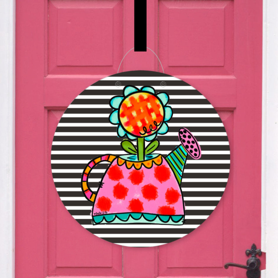 Black & White Striped Funky Flower Can Door Hanger