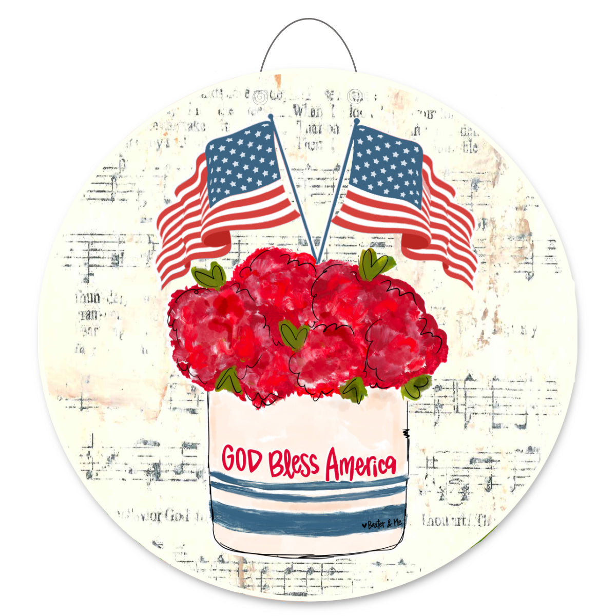 God Bless America Floral Stoneware Door Hanger