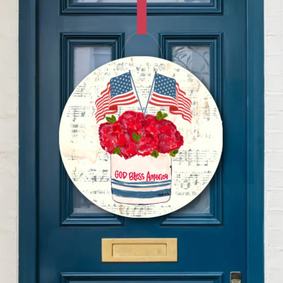 God Bless America Floral Stoneware Door Hanger