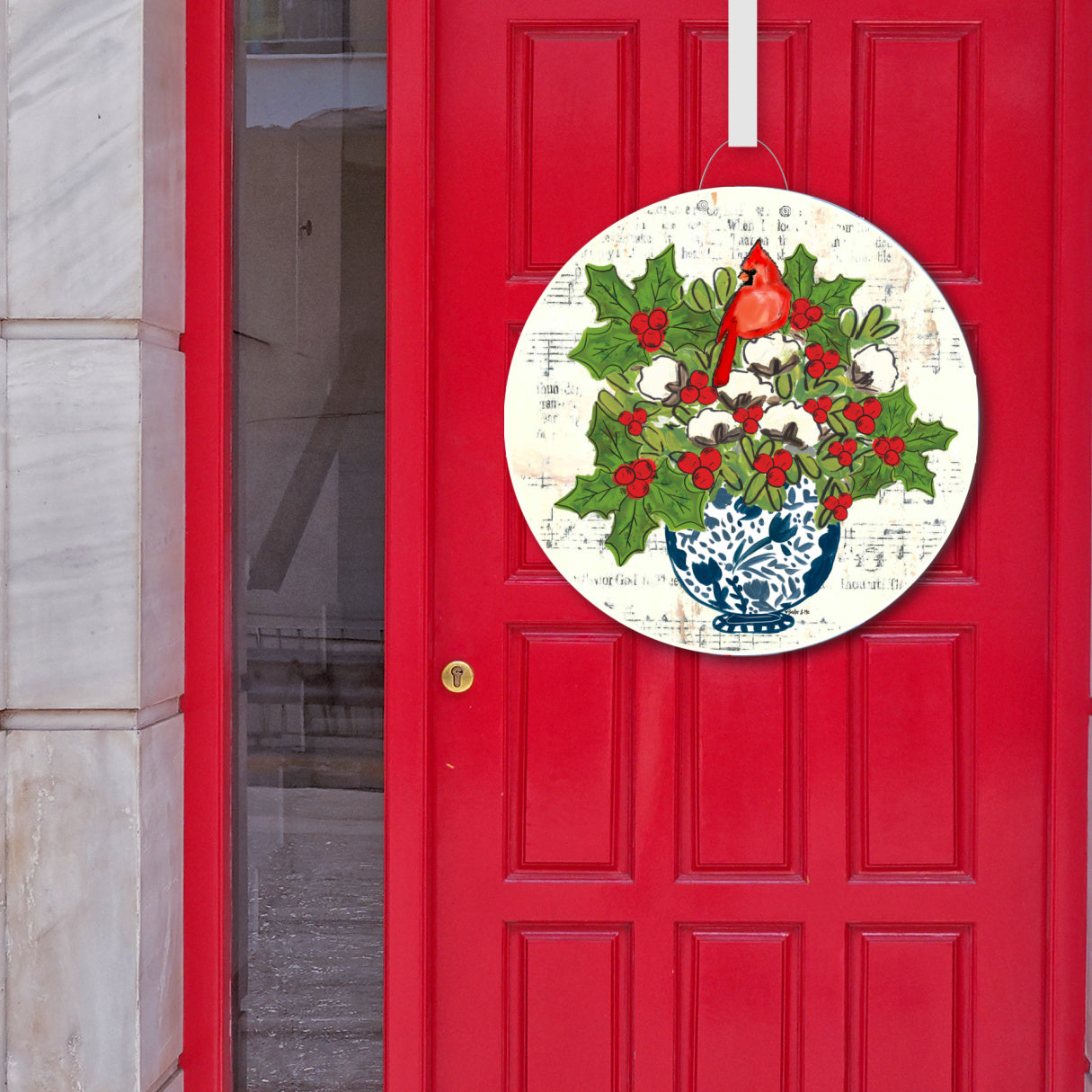 Blue Willow Cotton Holly Berry Cardinal Door Hanger