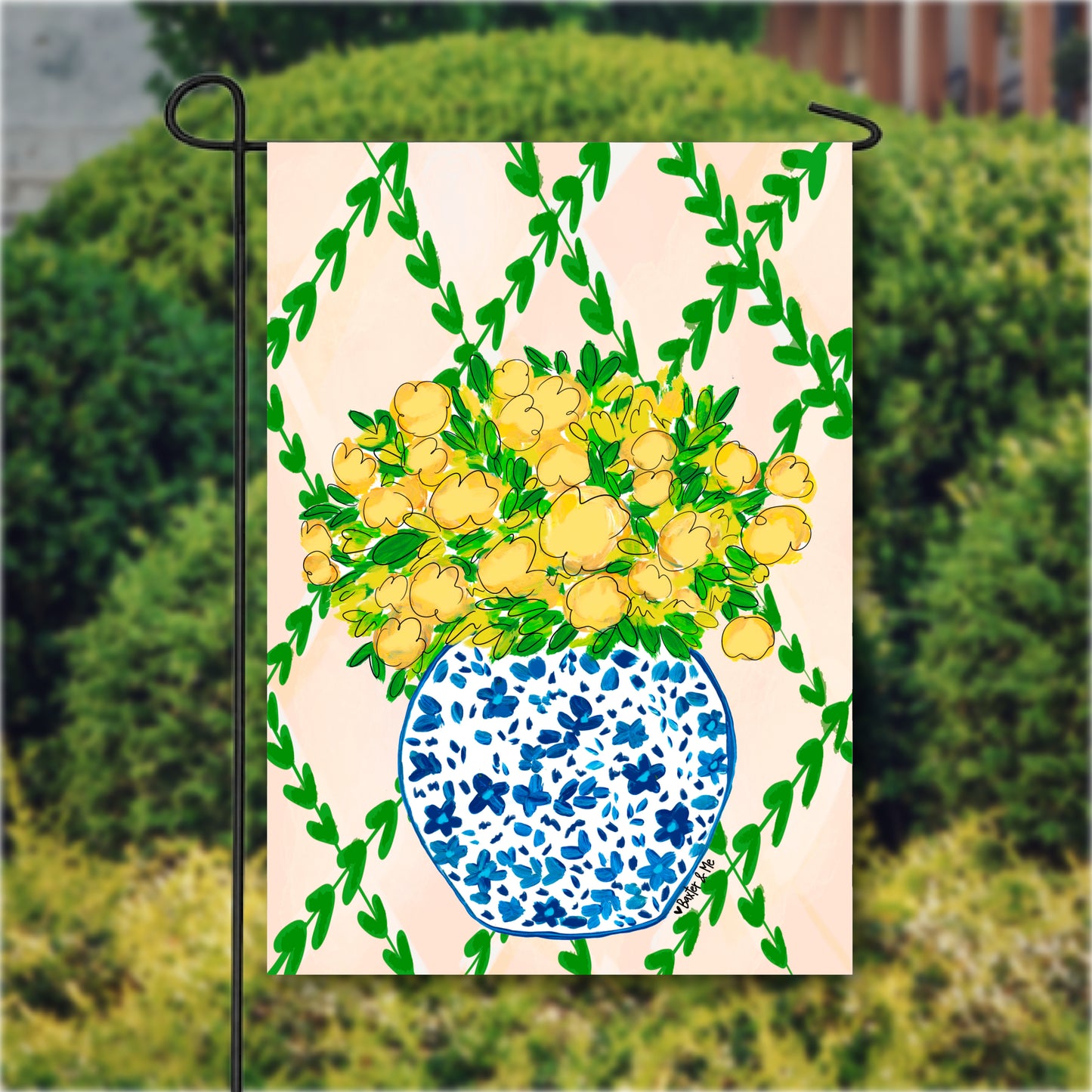 Yellow Floral in Blue Willow Garden Flag