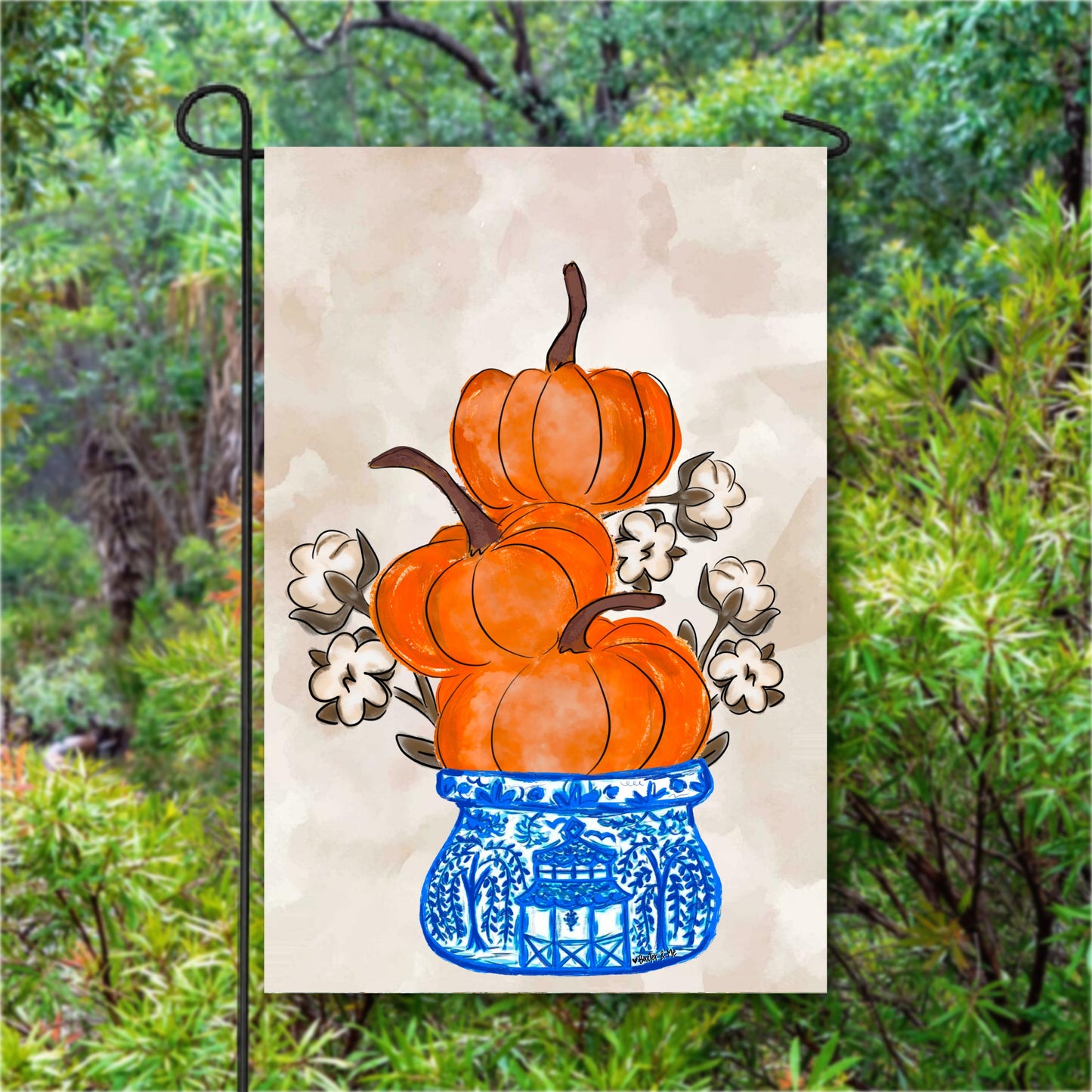 Cotton Pickin Pumpkin Chinoiserie Stack Garden Flag