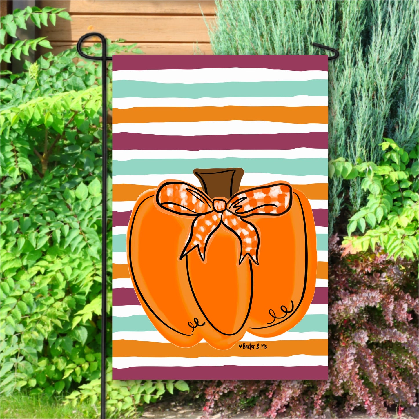 Orange Pumpkin with Plaid Bow Garden Flag