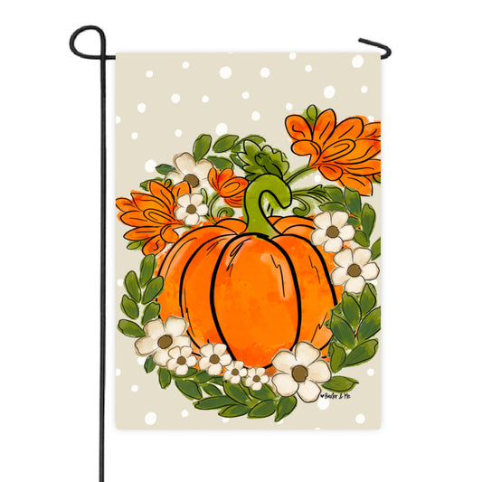 Cream Polka Dot Pumpkin with White Flowers Garden Flag