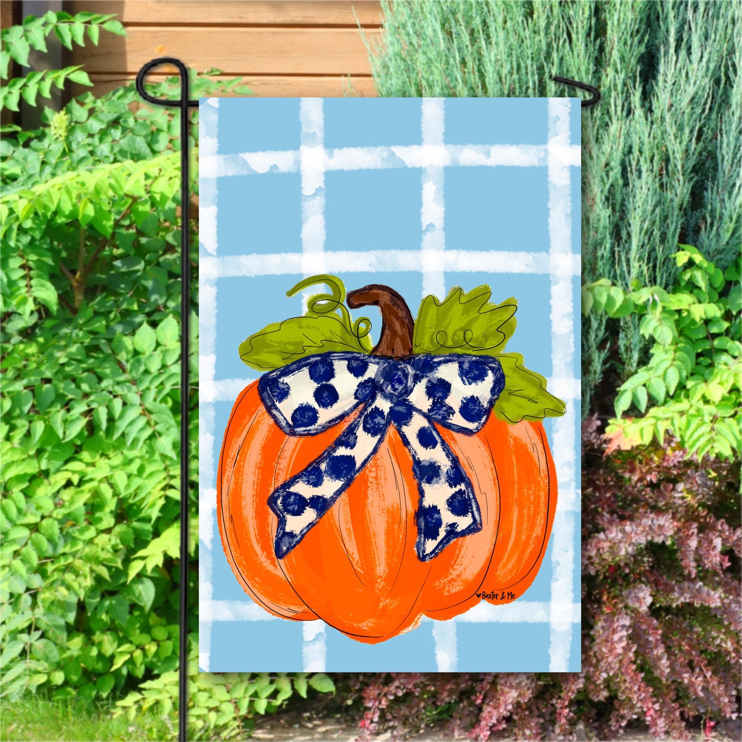 Blue Plaid Pumpkin with Navy Bow Garden Flag