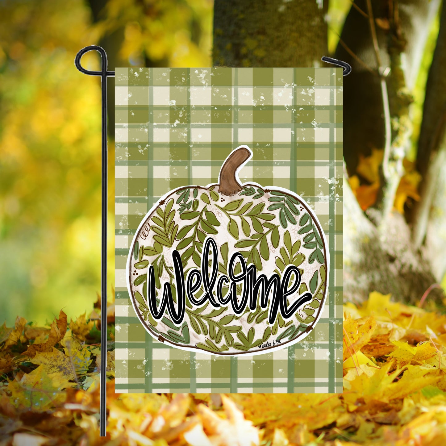 Welcome Green Leaf Pumpkin Plaid Garden Flag