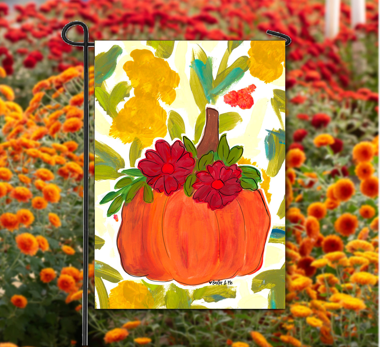 Pumpkin with Fall Flowers Garden Flag