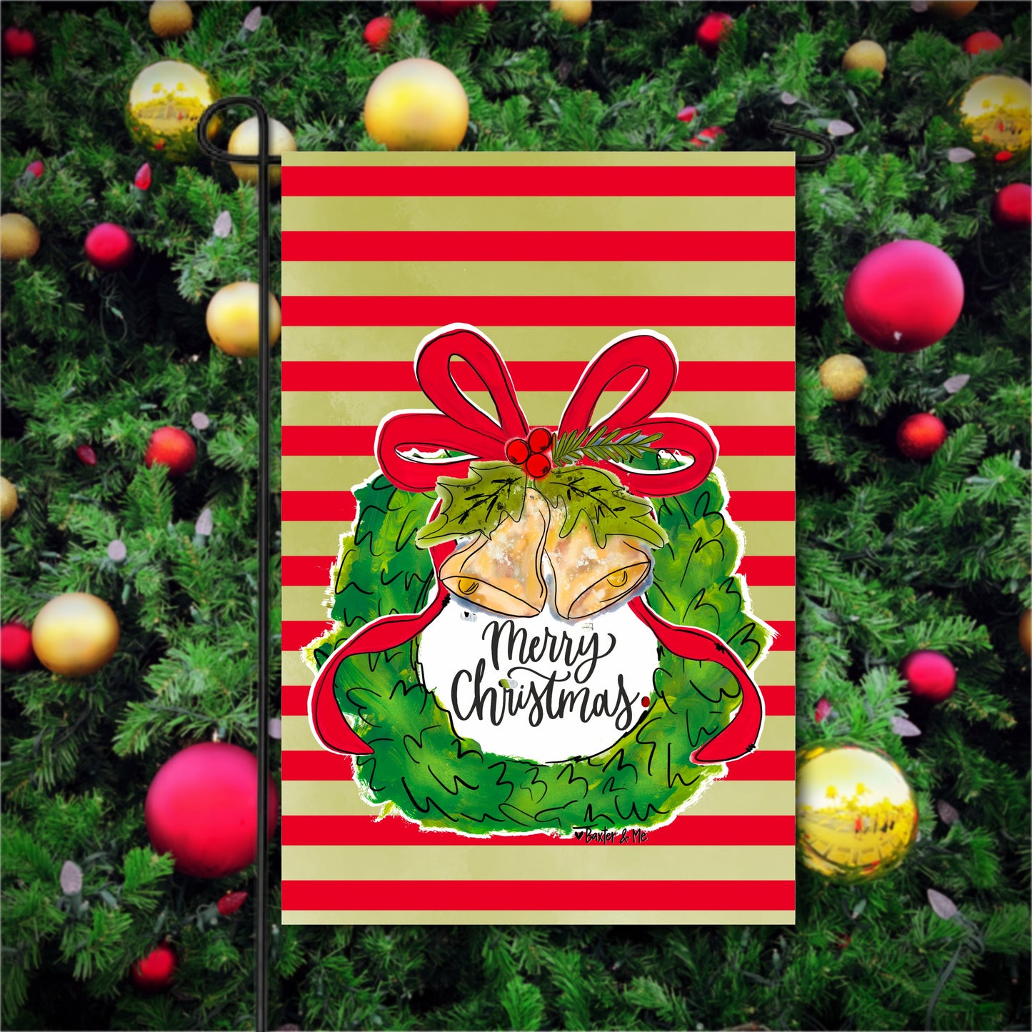 Merry Christmas Bells Wreath Garden Flag