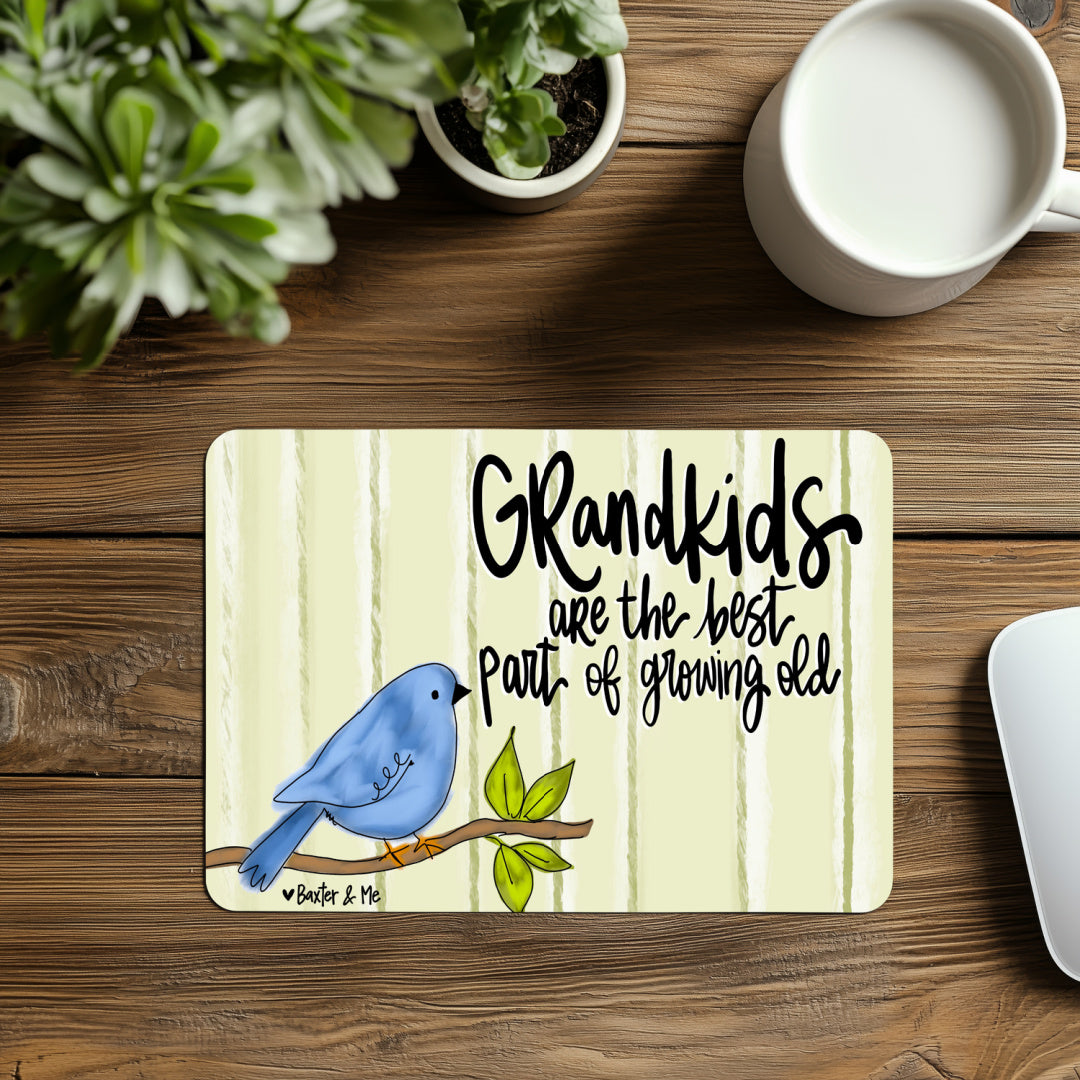 Placemat with a blue bird illustration and text on a wooden table with a plant and mug.