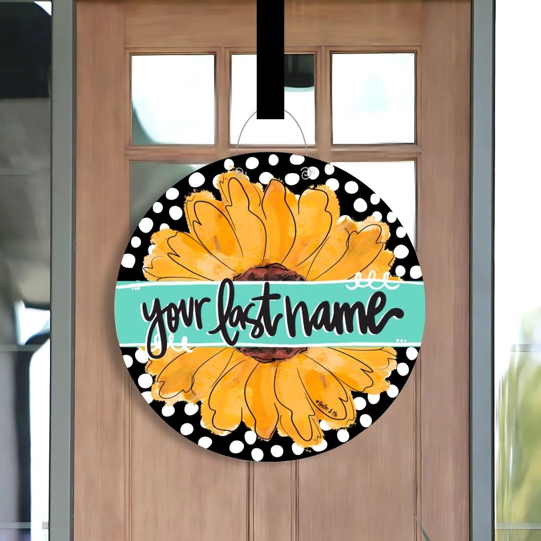 Personalized Black and White Sunflower Door Hanger