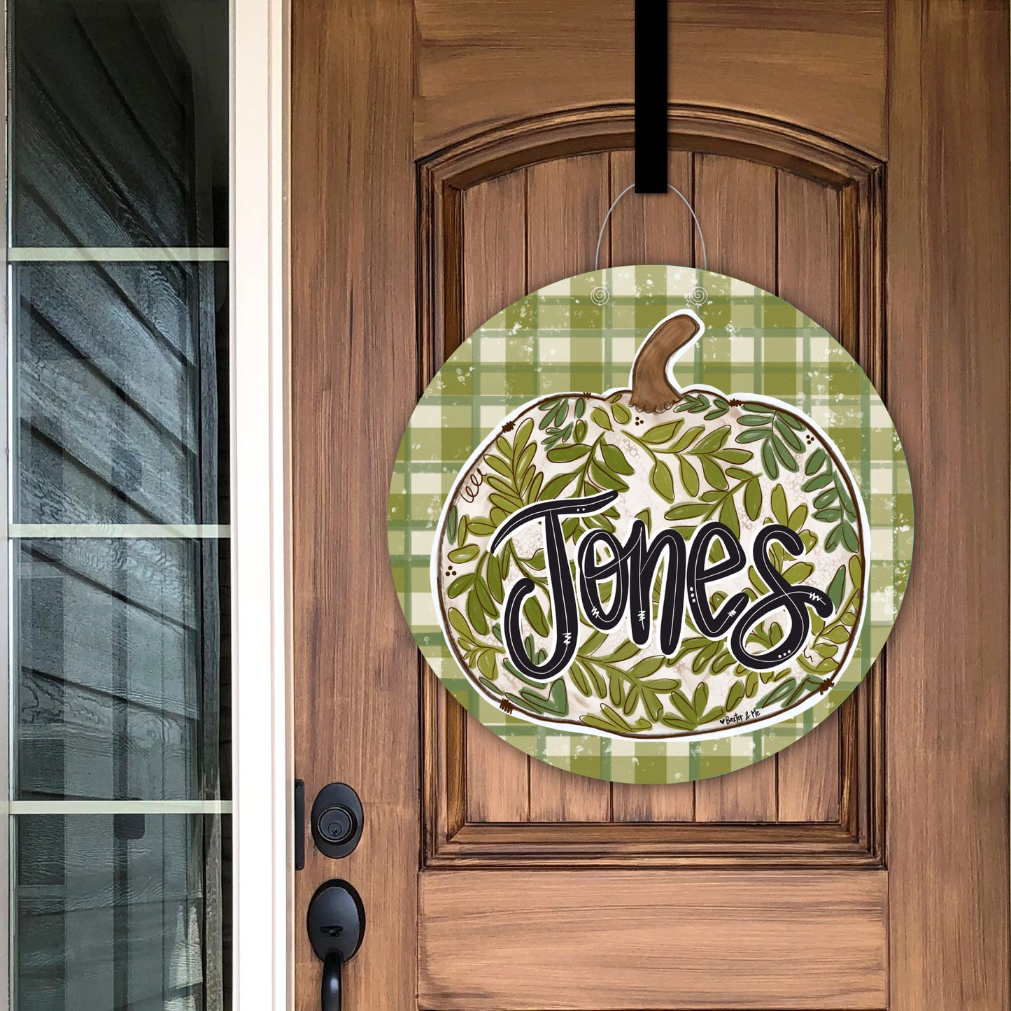 Welcome Green Leaf Pumpkin Plaid Door Hanger