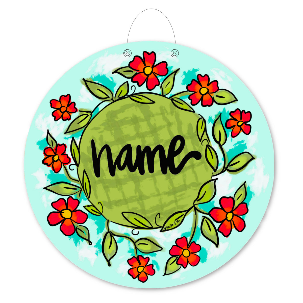 Personalized Hello Red Floral Door Hanger