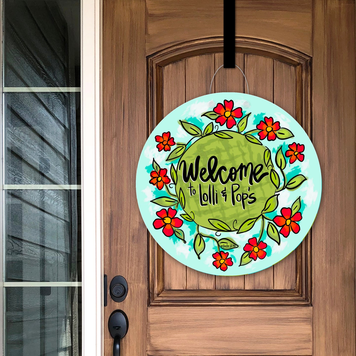 Personalized Hello Red Floral Door Hanger