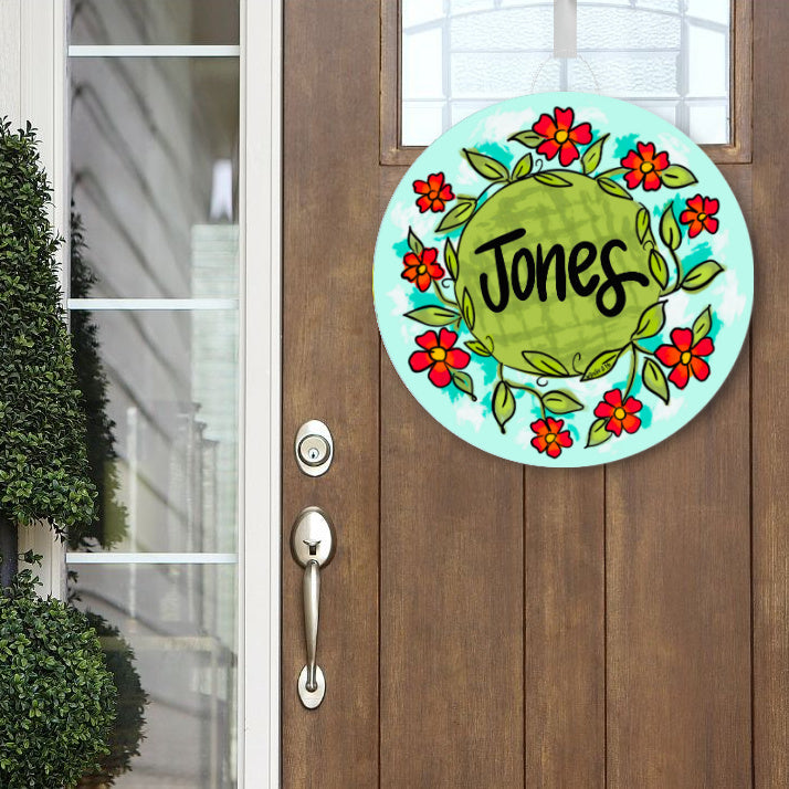 Personalized Hello Red Floral Door Hanger