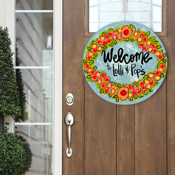 Personalized Welcome Little Floral Wreath Door Hanger