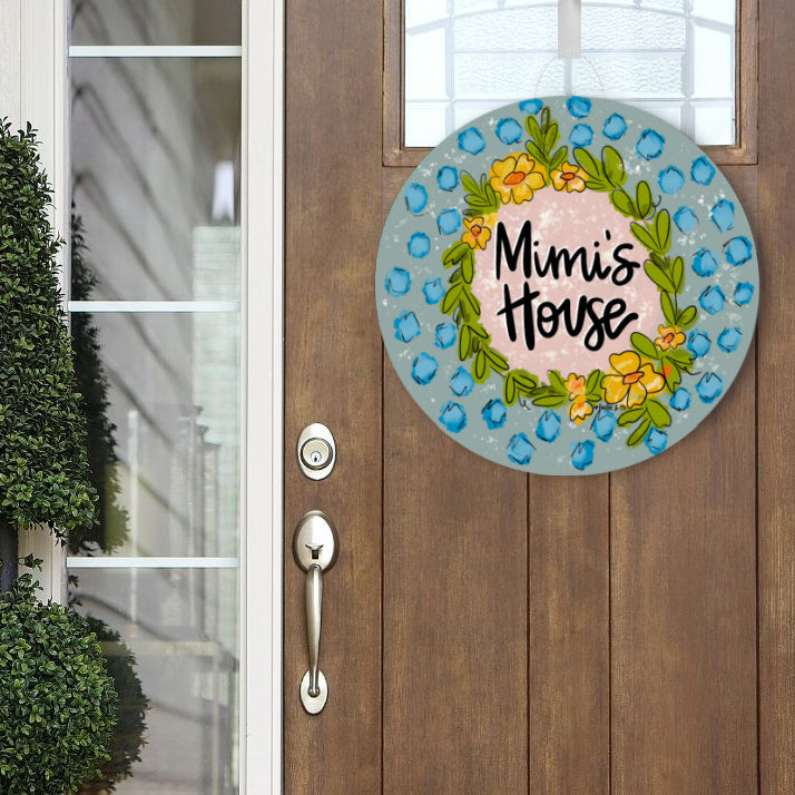 Personalized Blue and Yellow Floral Wreath Door Hanger