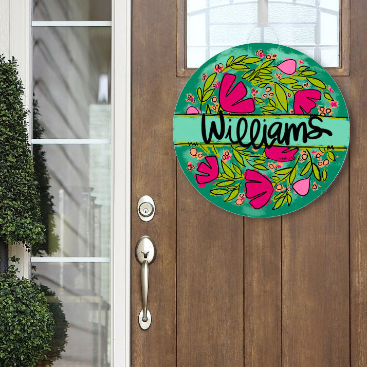 Personalized Welcome Pink Floral Door Hanger