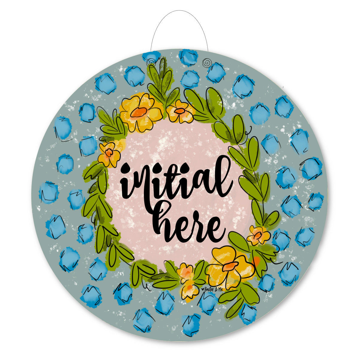 Personalized Blue and Yellow Floral Wreath Door Hanger