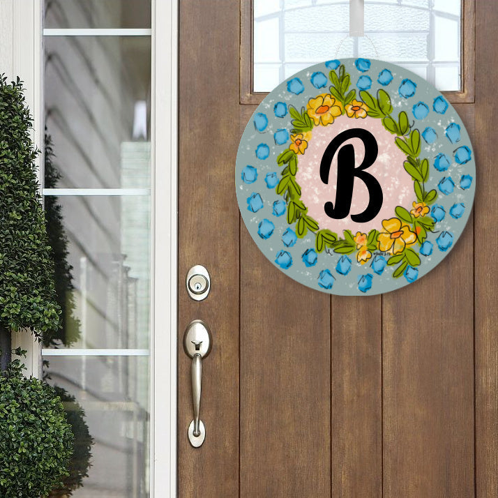 Personalized Blue and Yellow Floral Wreath Door Hanger