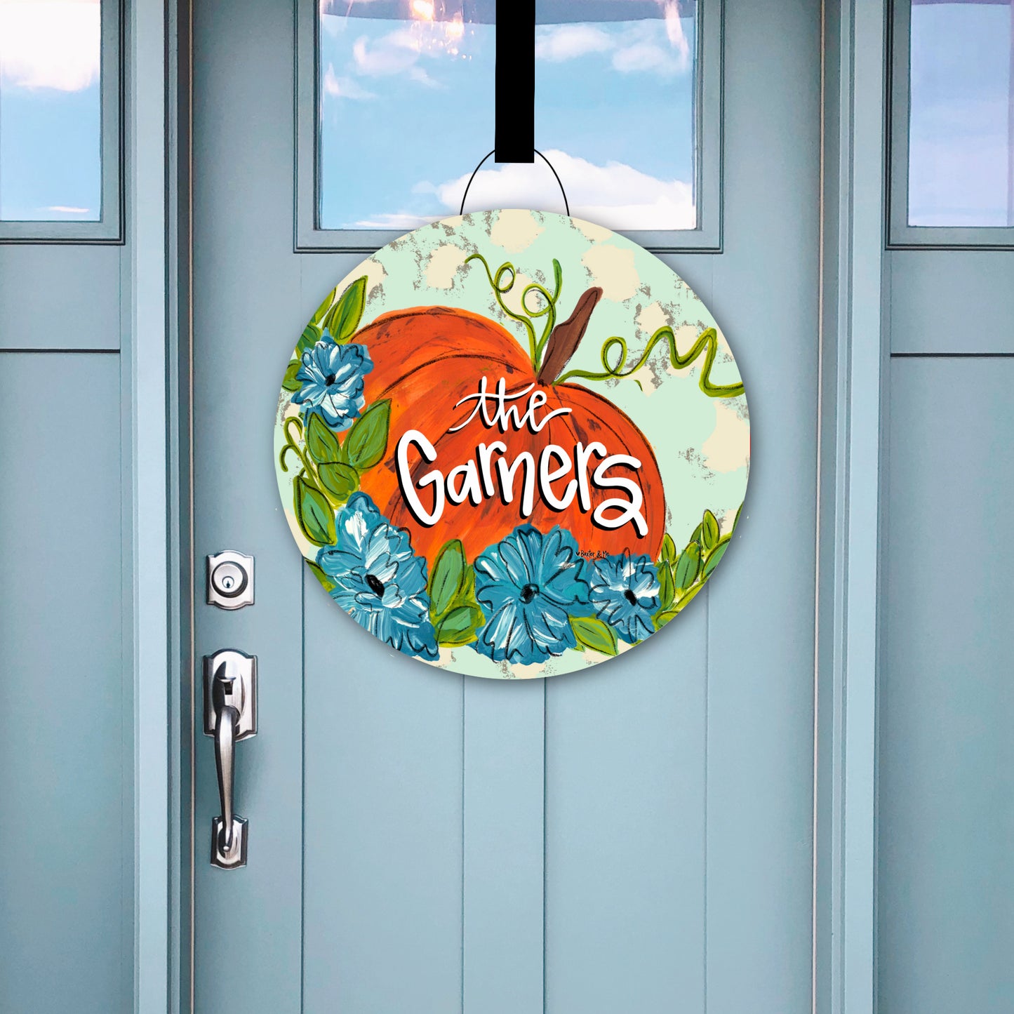 Pumpkin with Blue Flowers Door Hanger