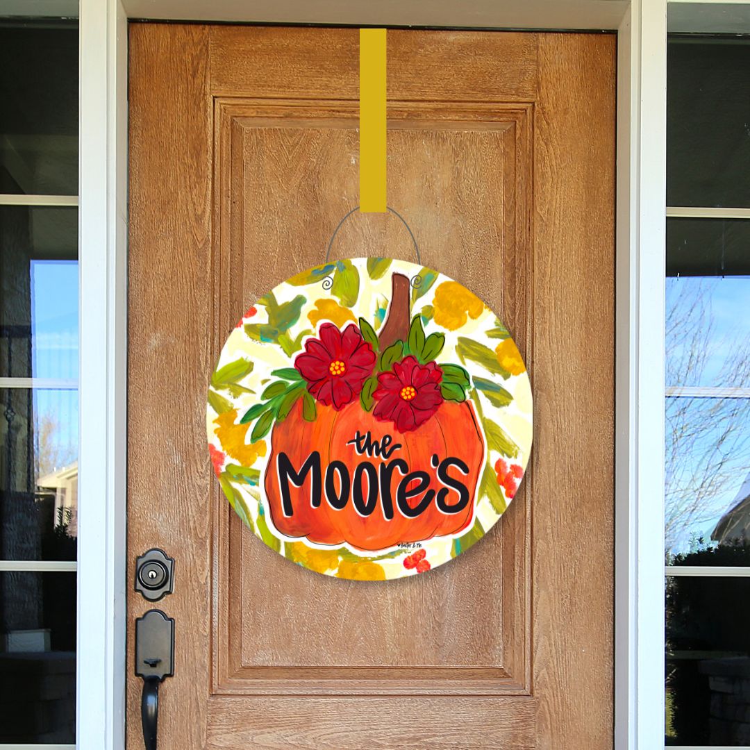 Personalizable Pumpkin with Fall Flowers Door Hanger