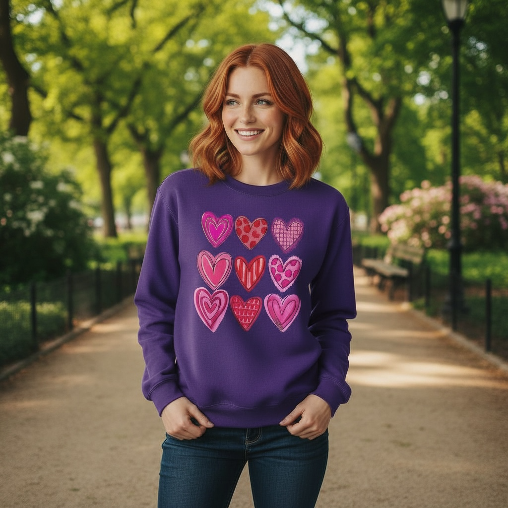 Woman wearing a purple sweatshirt with heart patterns in a park