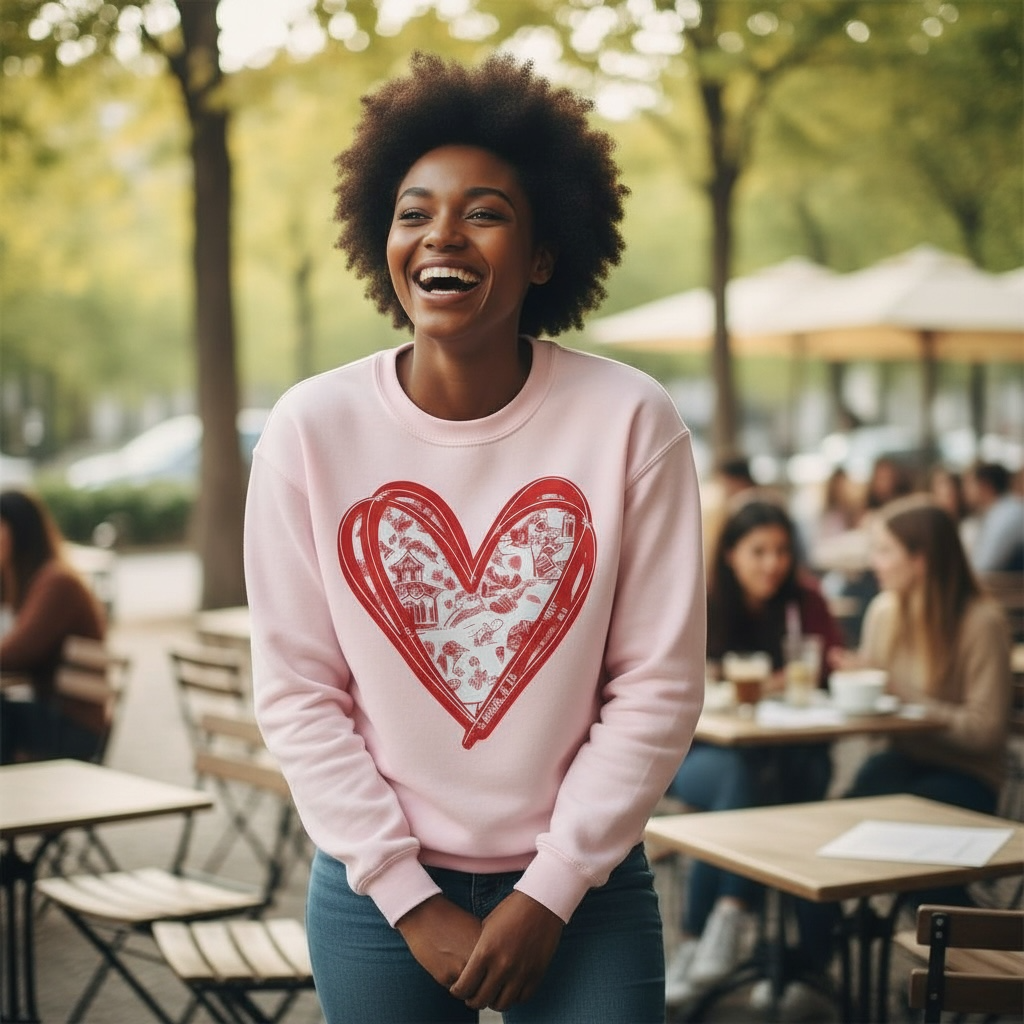 Woman wearing a pink sweatshirt with a red heart design, standing outdoors in a park-like setting.