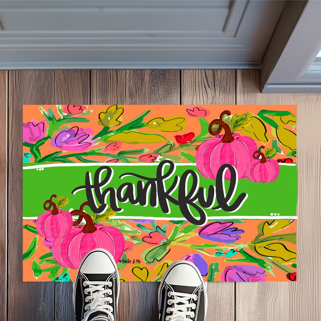 Thankful Pink Pumpkin in Bloom Rug Floormat