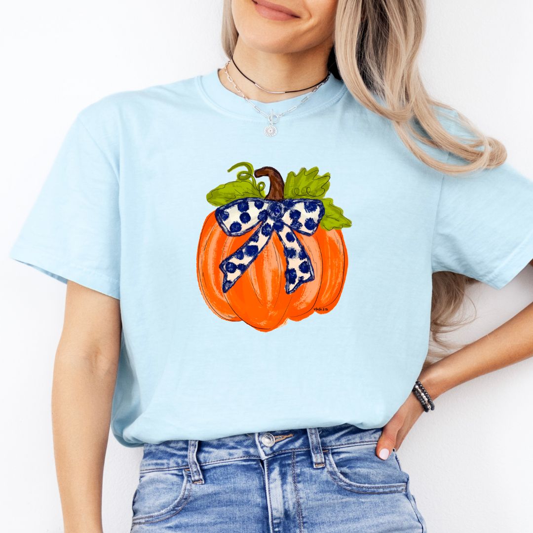 Pumpkin with Navy Blue Bow T-Shirt