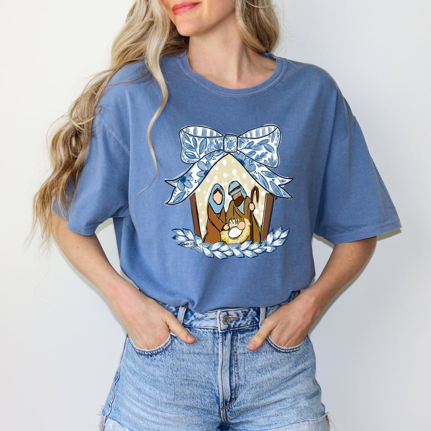 Blue Ribbon Bow Nativity T-Shirt