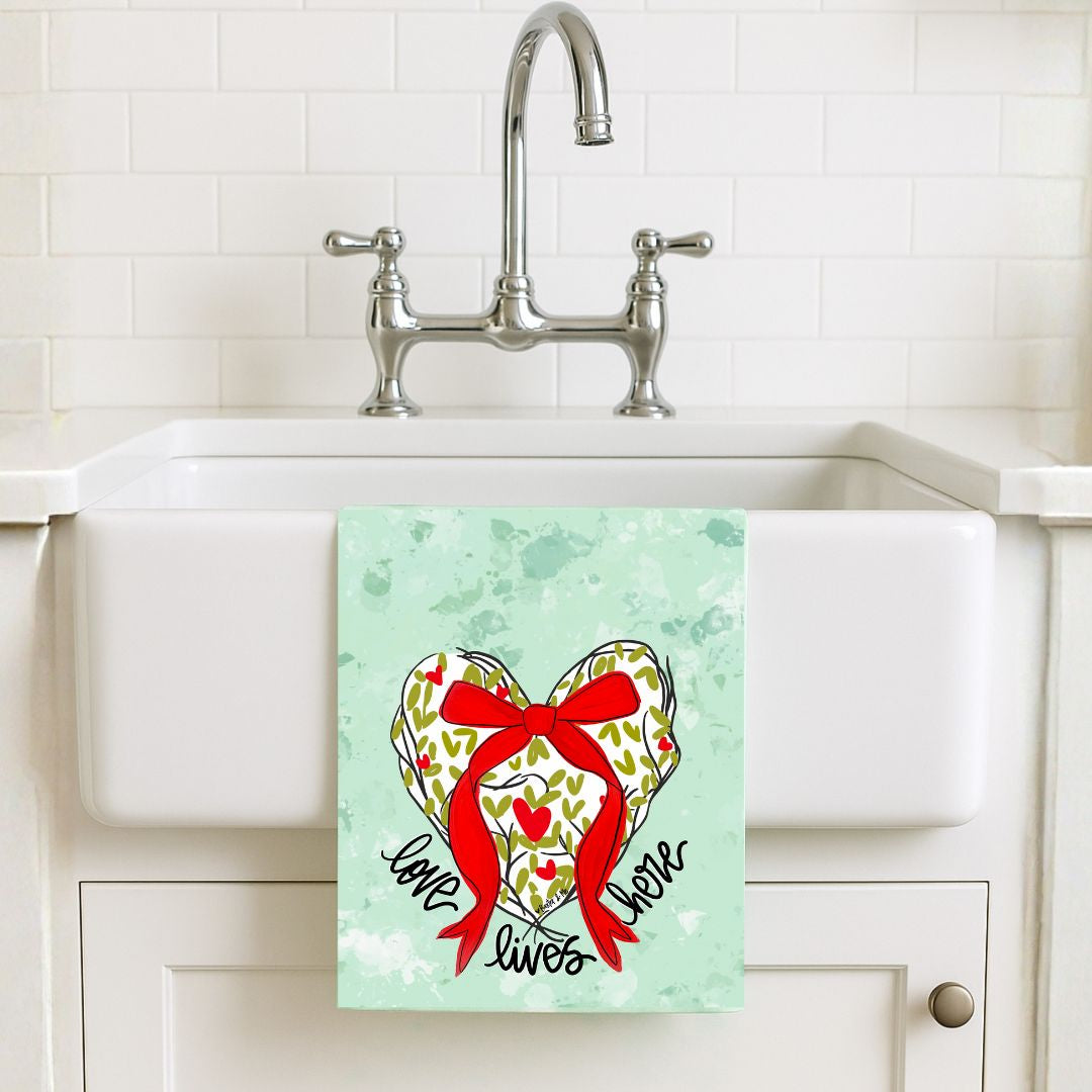 Love Lives Here Red Bow Tea Towel