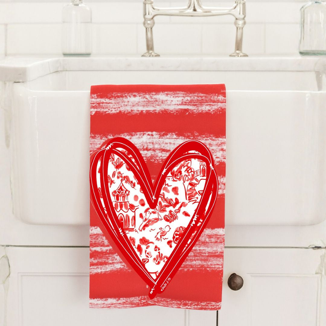 Red Toile Heart Tea Towel