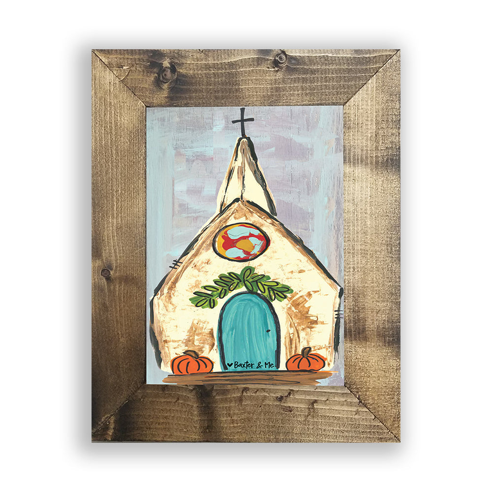 Church with Pumpkins - Framed Art