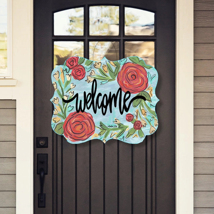 Welcome Red Flowers Door Hanger
