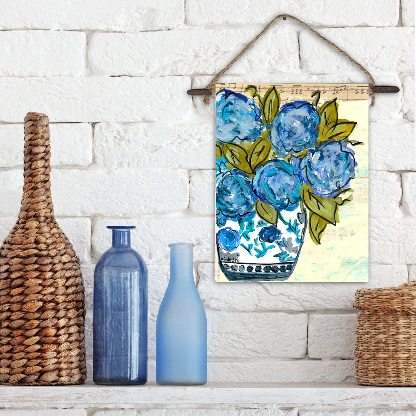 Chinoiserie Vase with Blue Hydrangeas Mini Wall Hanging