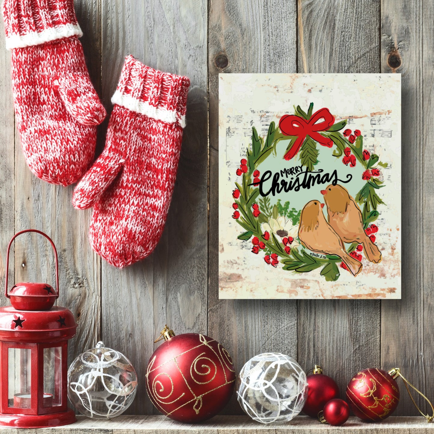 Merry Christmas Yellow Birds Wrapped Canvas