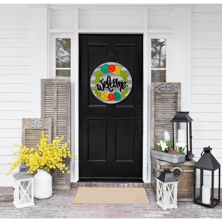 Welcome Gray Stripe Door Hanger