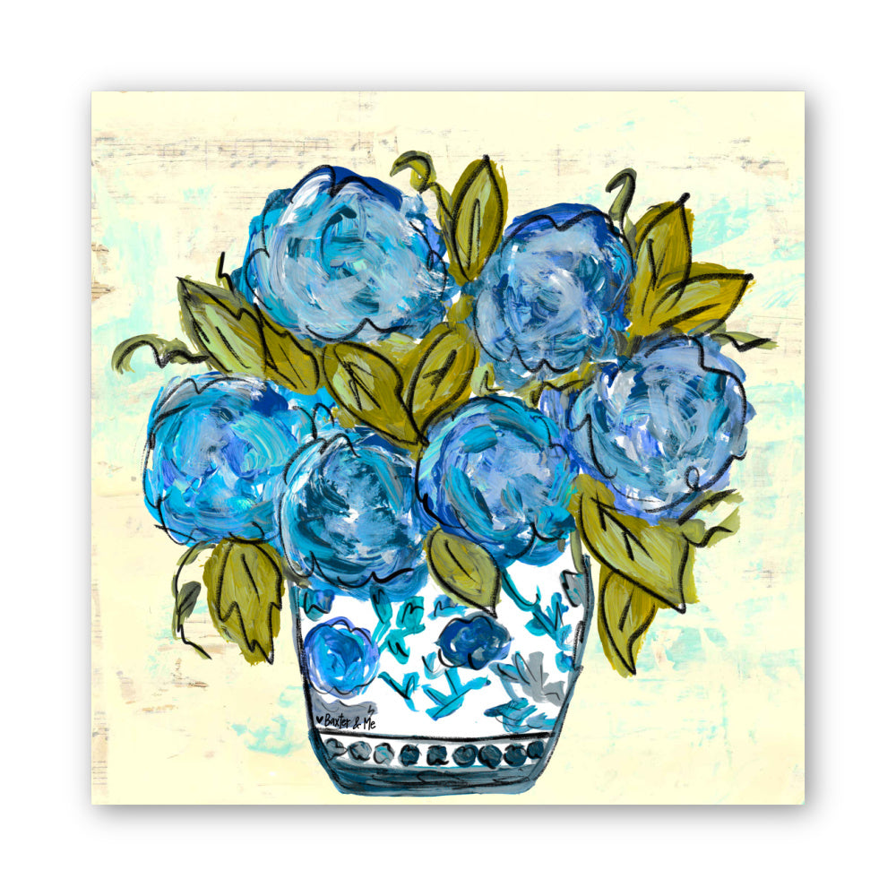 Chinoiserie Vase with Blue Hydrangeas Wrapped Canvas