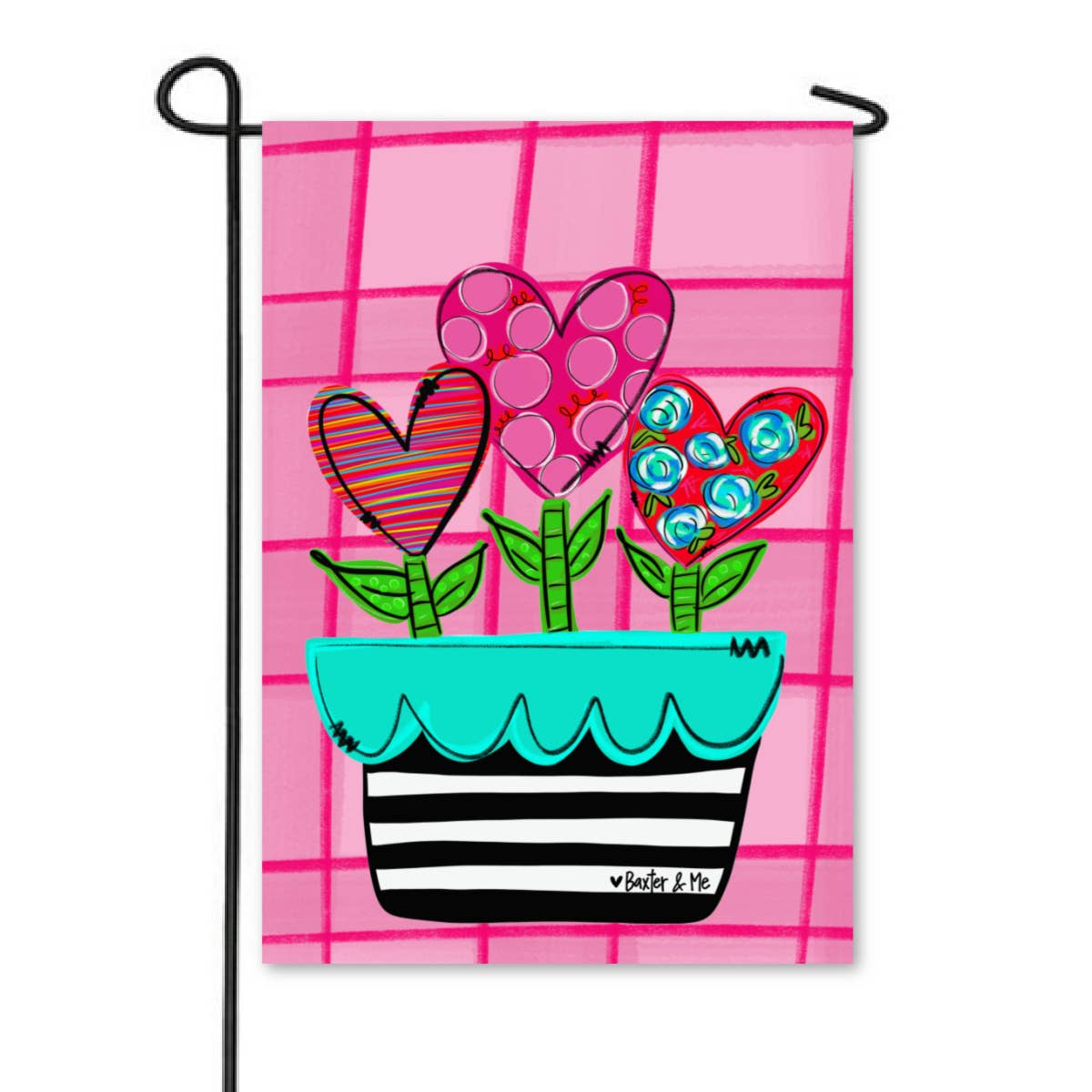 Pink Heart Flower Pot Garden Flag