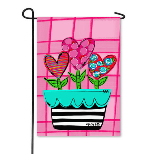 Pink Heart Flower Pot Garden Flag