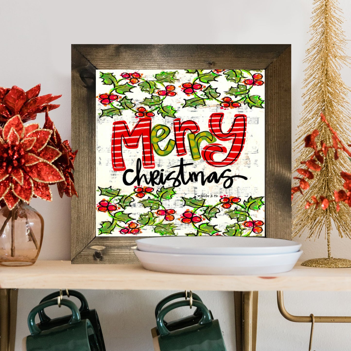 Merry Christmas Holly Berries Framed Art