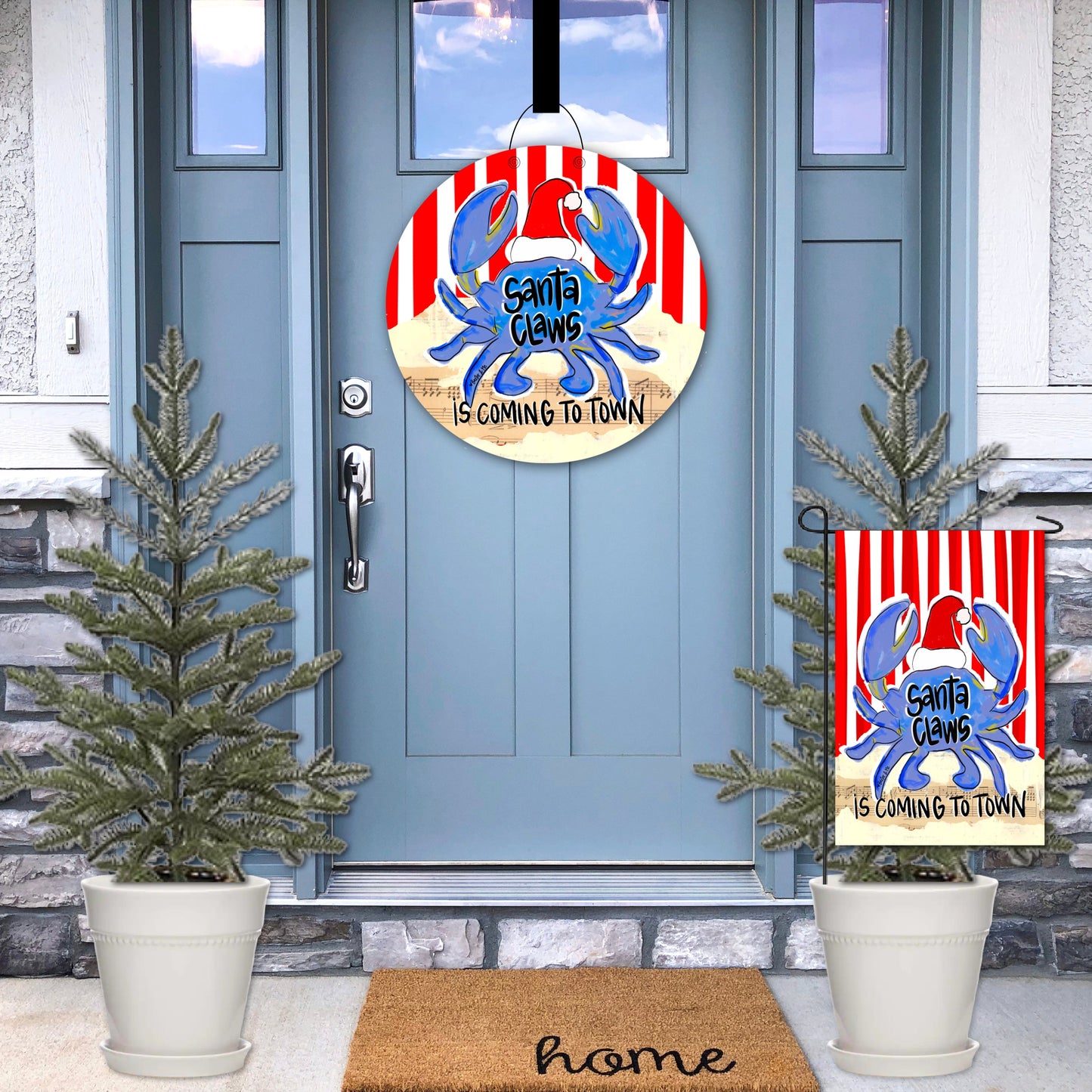 Blue Santa Claws is Coming to Town Door Hanger