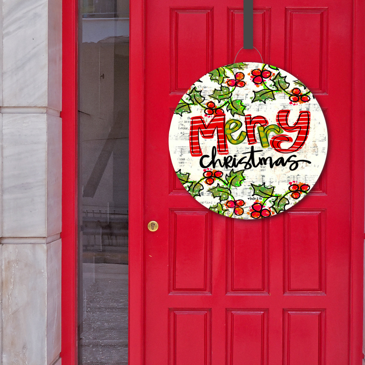 Merry Christmas Holly Berries Door Hanger